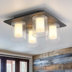Dimmable LED Ribbed Glass 4-Light Square Semi Flush Mount