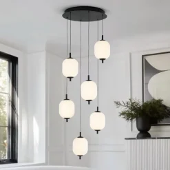 Dimmable LED Ribbed White Glass 6-Light Cluster Round Pendant