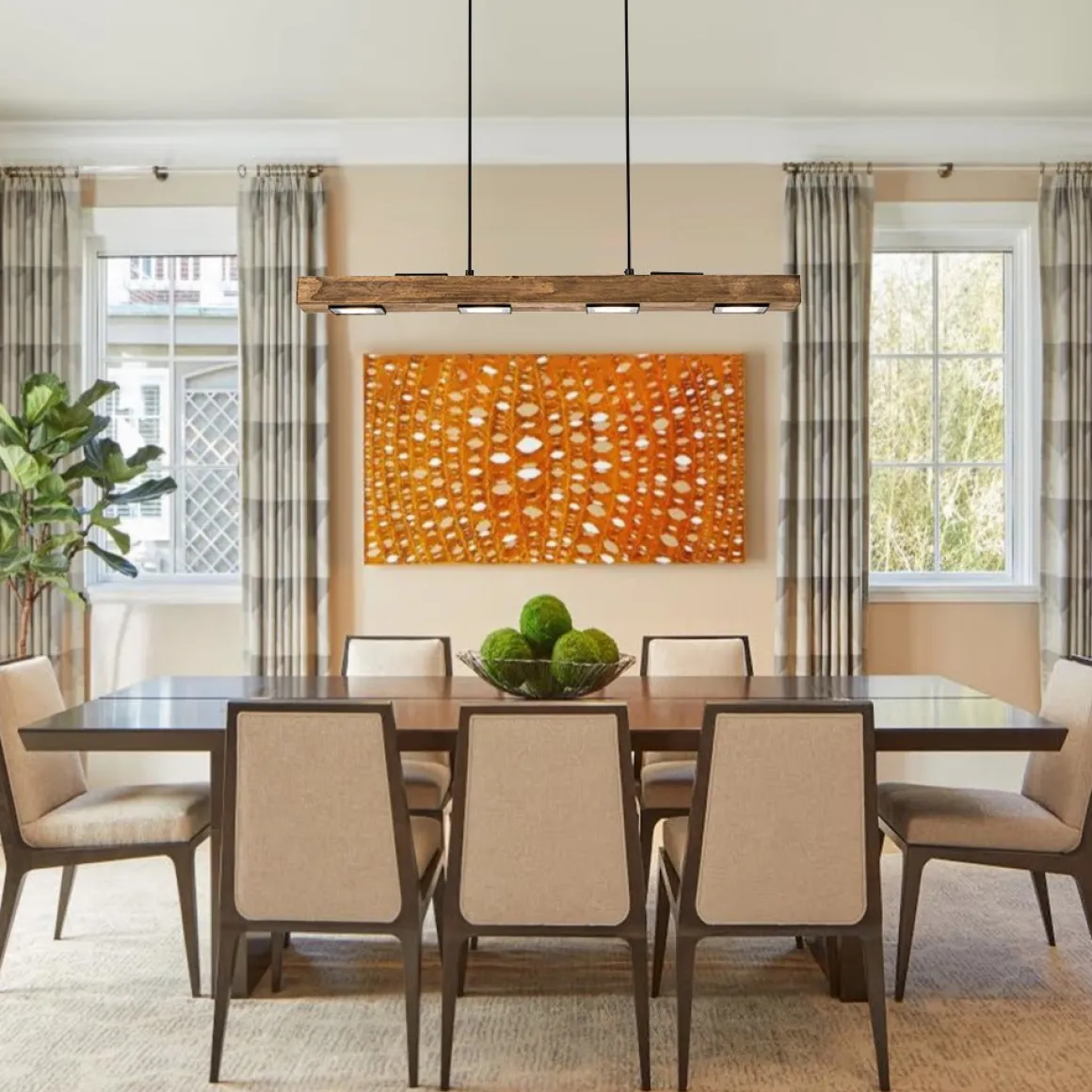 Dimmable LED Rustic Linear Oak Wood Kitchen Island Pendant