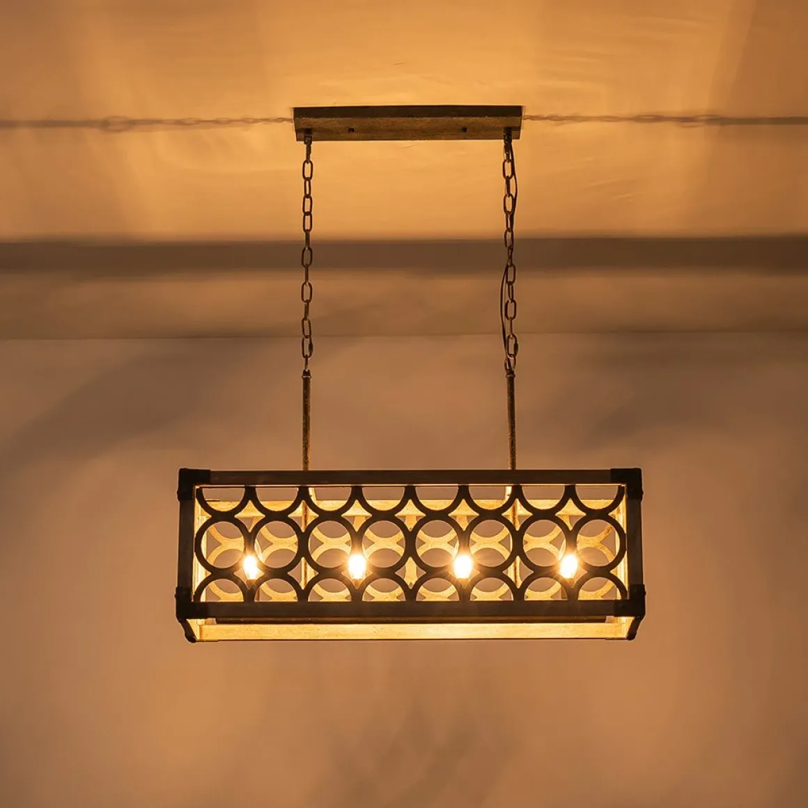 Farmhouse Antique Wooden Rectangle Box Linear Chandelier