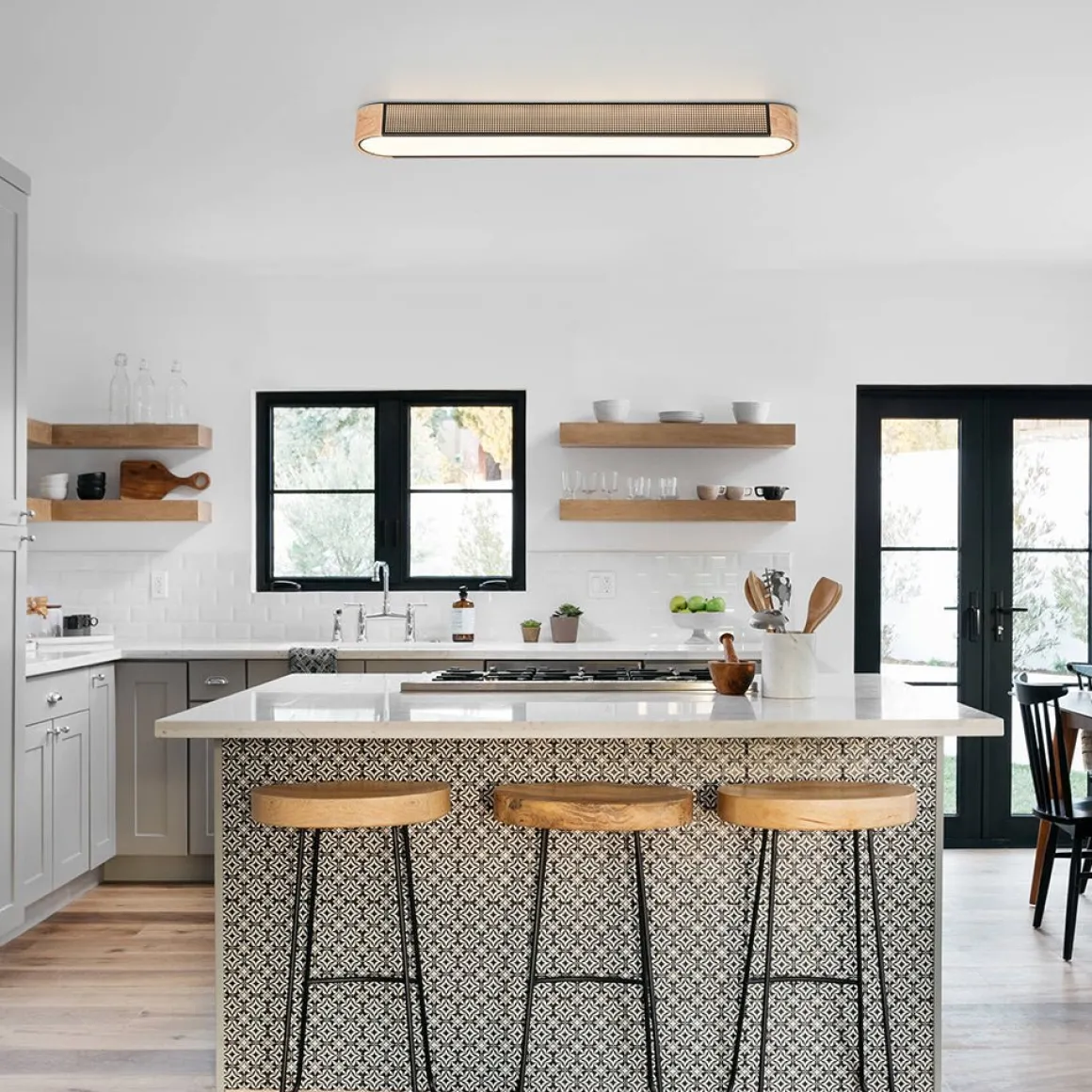 Farmhouse Black Mesh Wood Dimmable LED Oval Ceiling Light