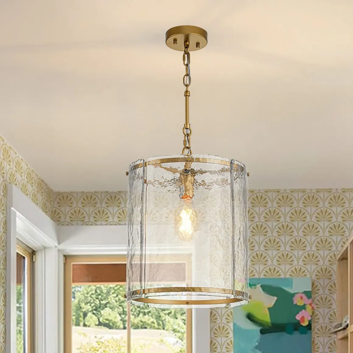 Farmhouse Clear Textured Glass Cylinder Cage Pendant