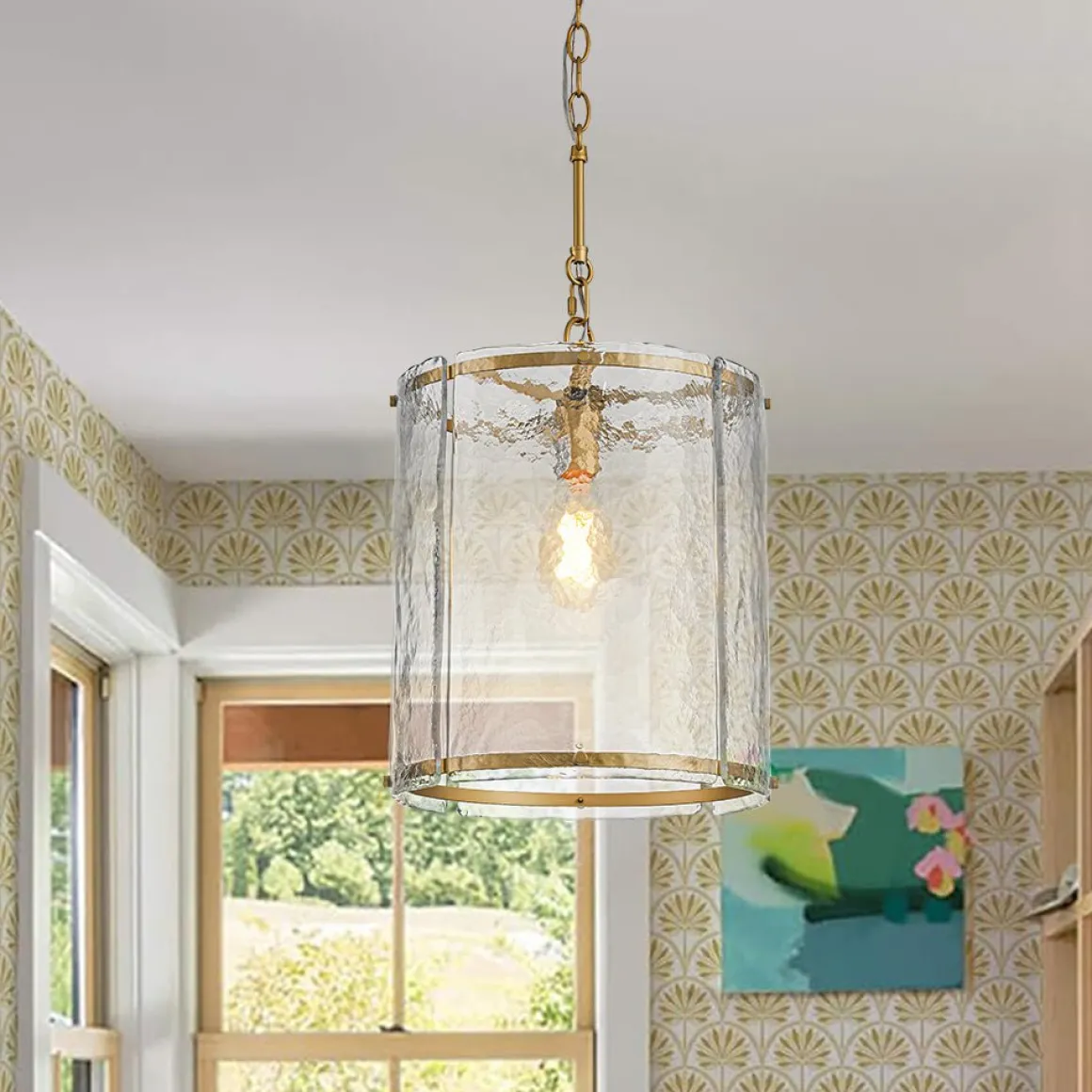Farmhouse Clear Textured Glass Cylinder Cage Pendant
