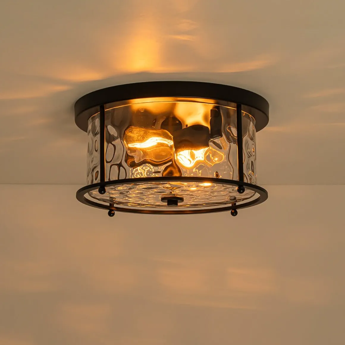 Farmhouse Hammered Glass Round Drum Flush Mount Light