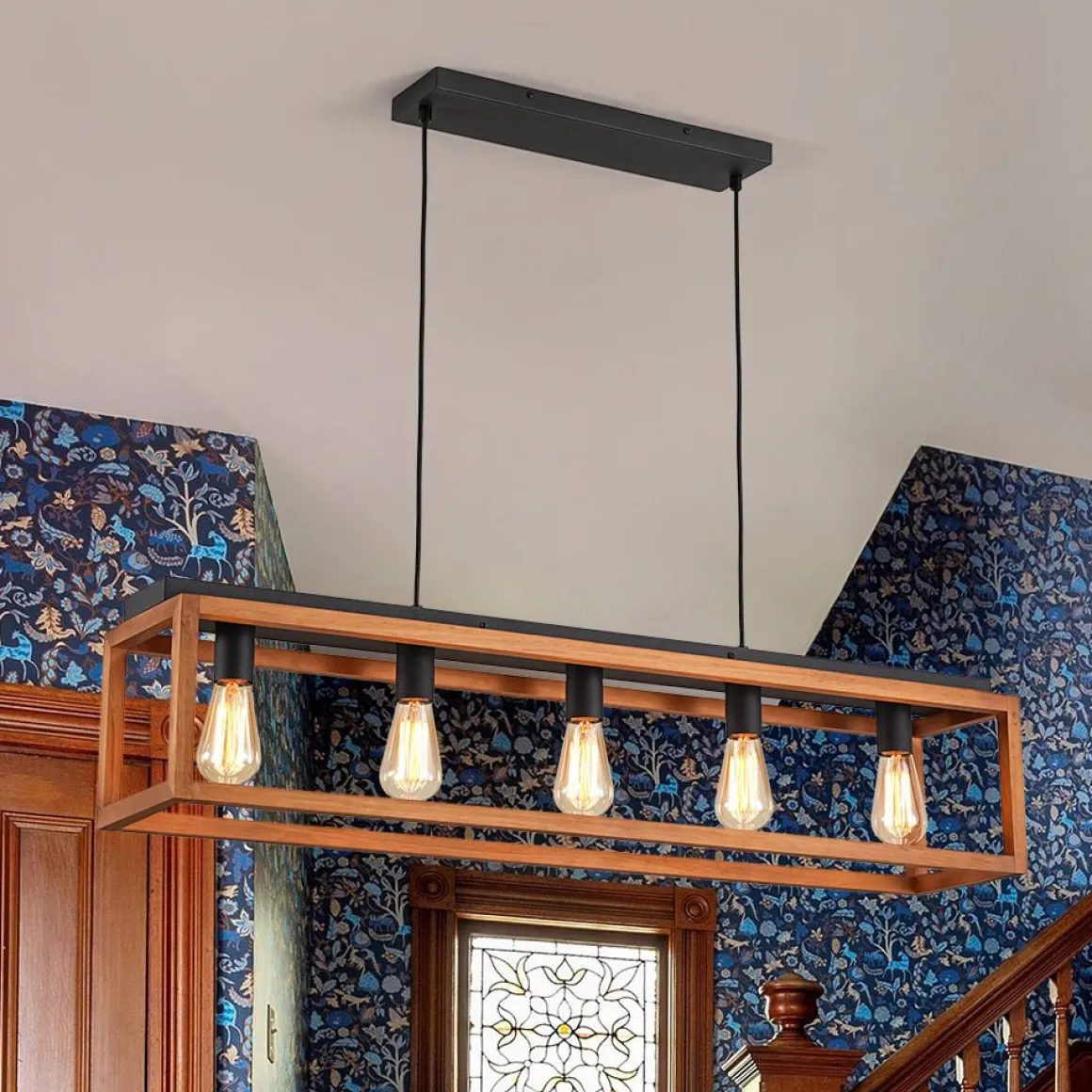 Farmhouse Wooden Rectangular Cage Island Chandelier