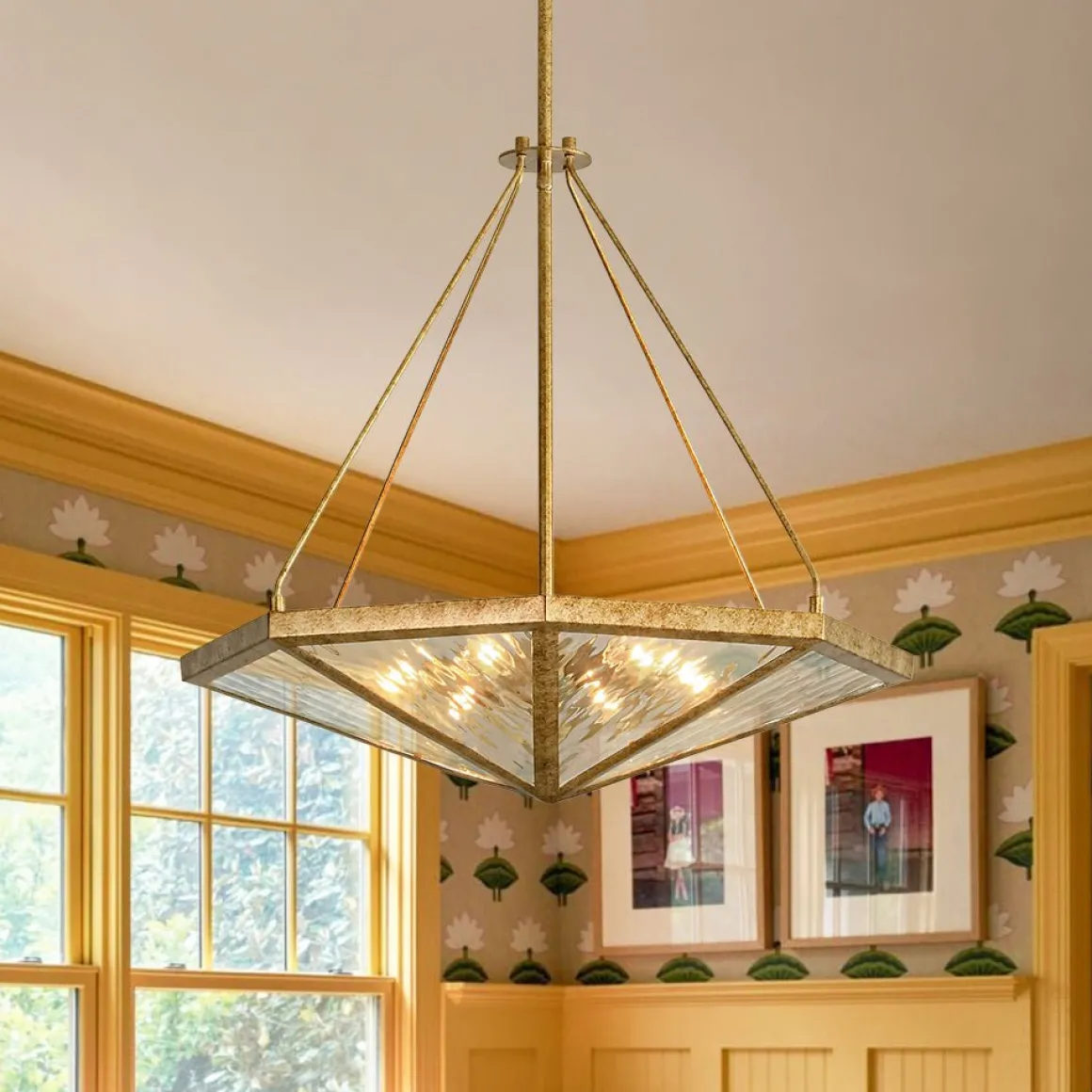 French Antique Gold Geometric Water Glass Cage Chandelier