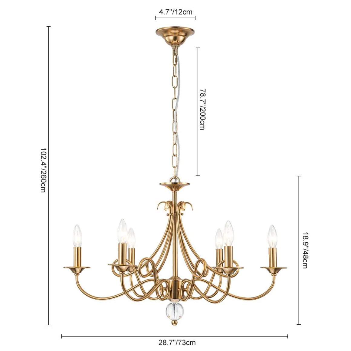French Classic Brass Scrolling Candle Style Chandelier