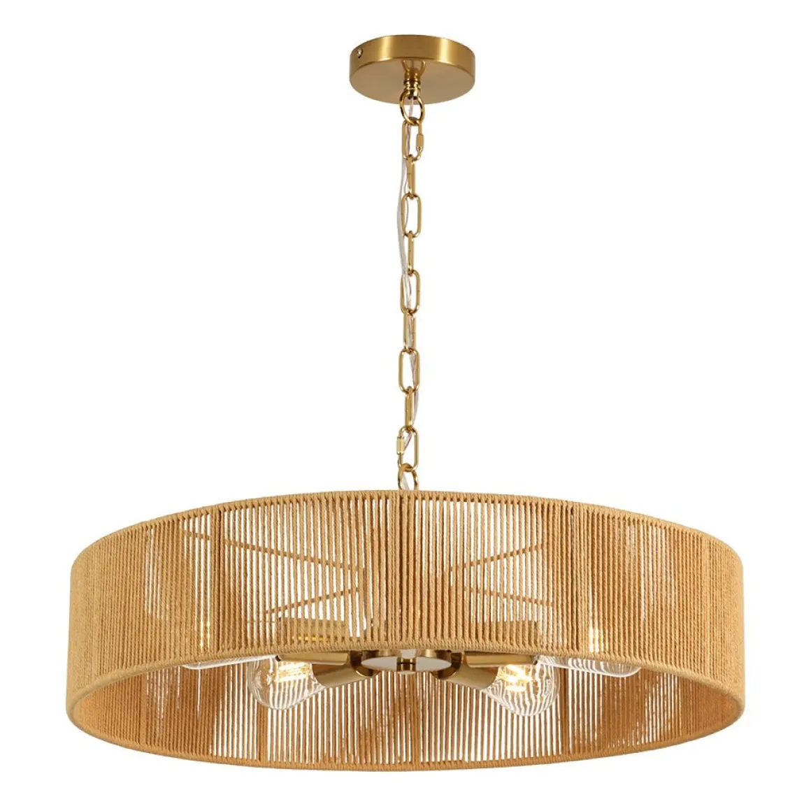 French Country Brown Woven Rope Wide Drum Semi Flush Chandelier