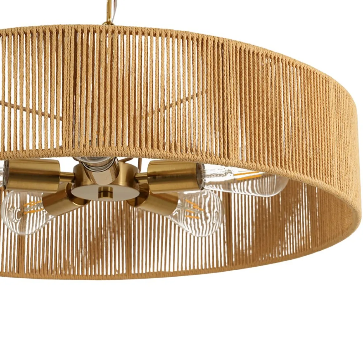 French Country Brown Woven Rope Wide Drum Semi Flush Chandelier