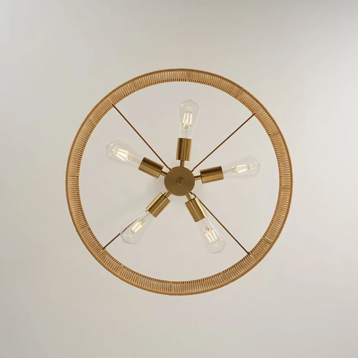 French Country Brown Woven Rope Wide Drum Semi Flush Chandelier