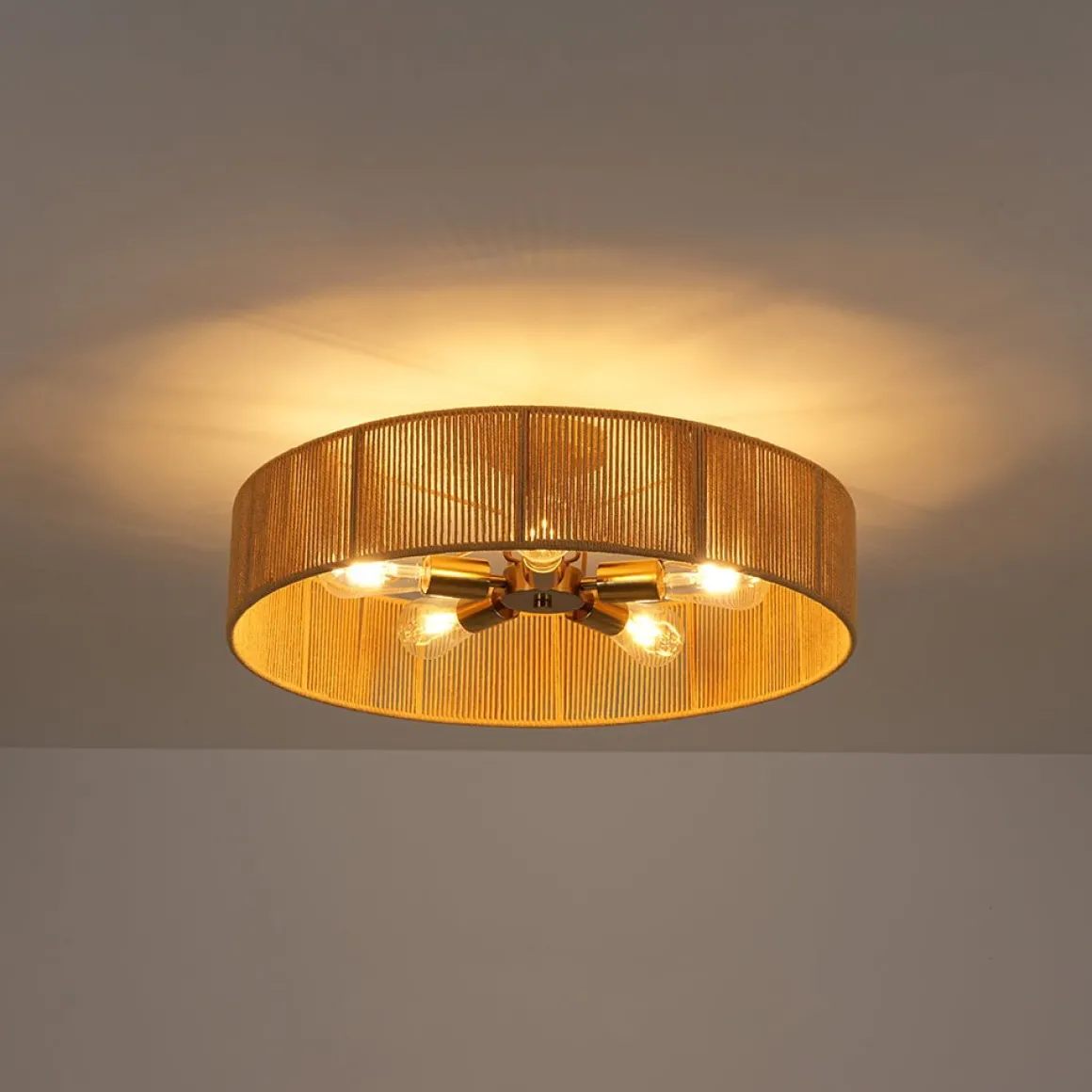 French Country Brown Woven Rope Wide Drum Semi Flush Chandelier