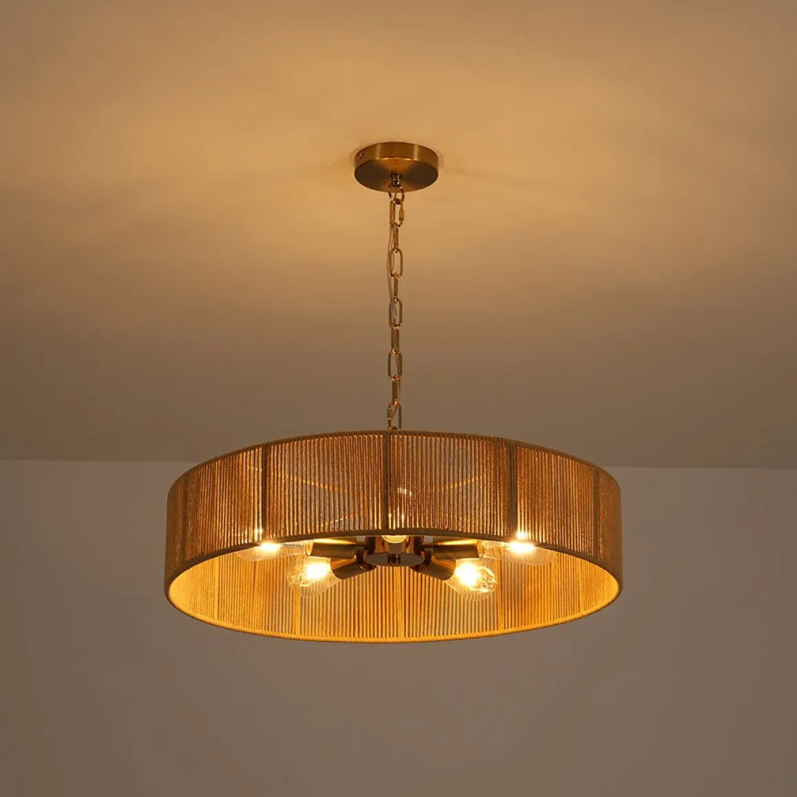 French Country Brown Woven Rope Wide Drum Semi Flush Chandelier