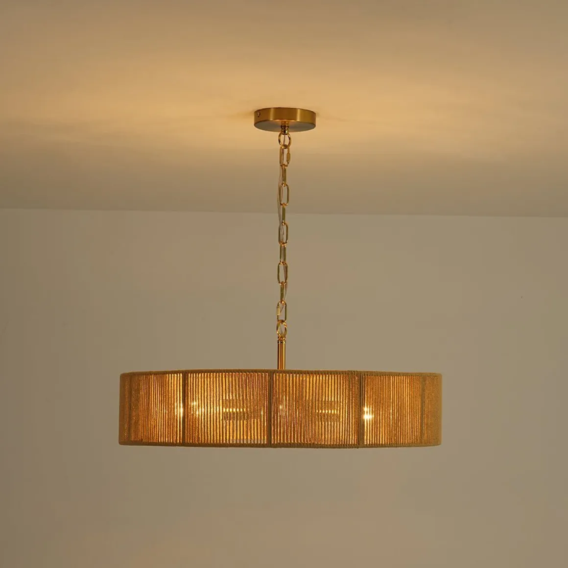 French Country Brown Woven Rope Wide Drum Semi Flush Chandelier