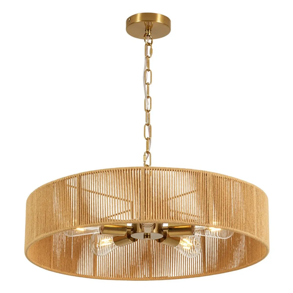 French Country Brown Woven Rope Wide Drum Semi Flush Chandelier