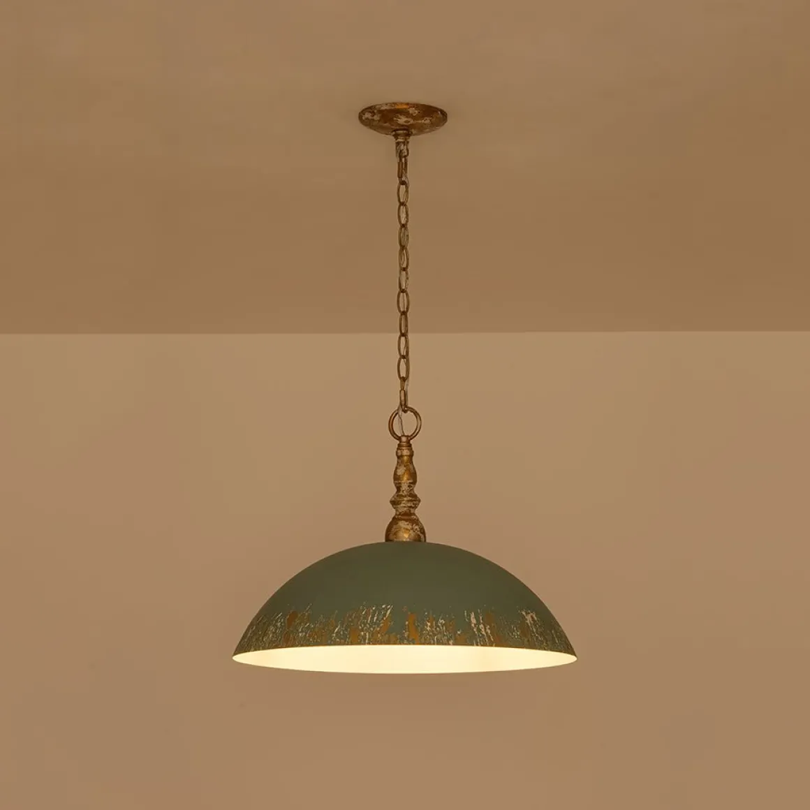 French Country Distressed Teal Gold Flat Dome Metal Pendant