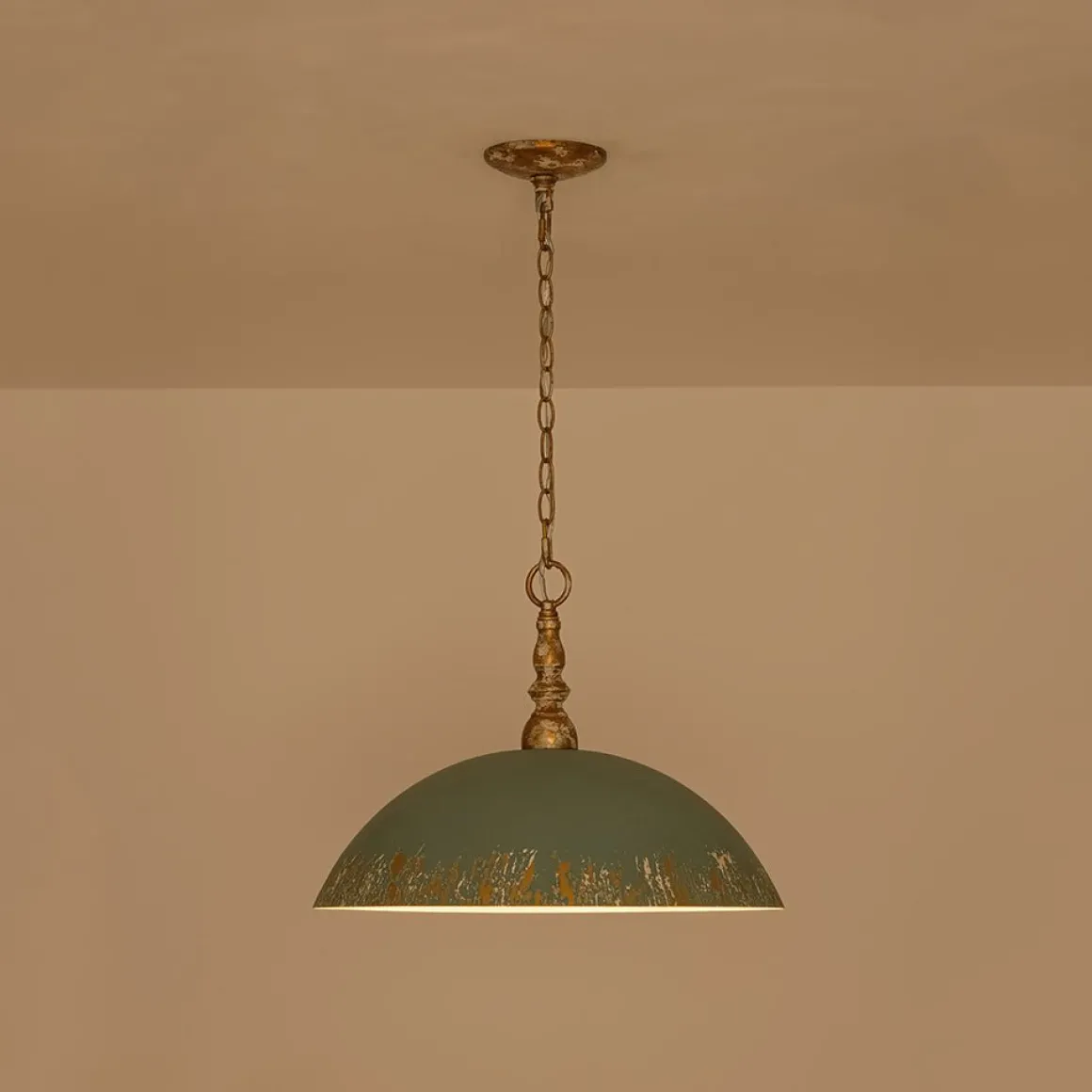 French Country Distressed Teal Gold Flat Dome Metal Pendant