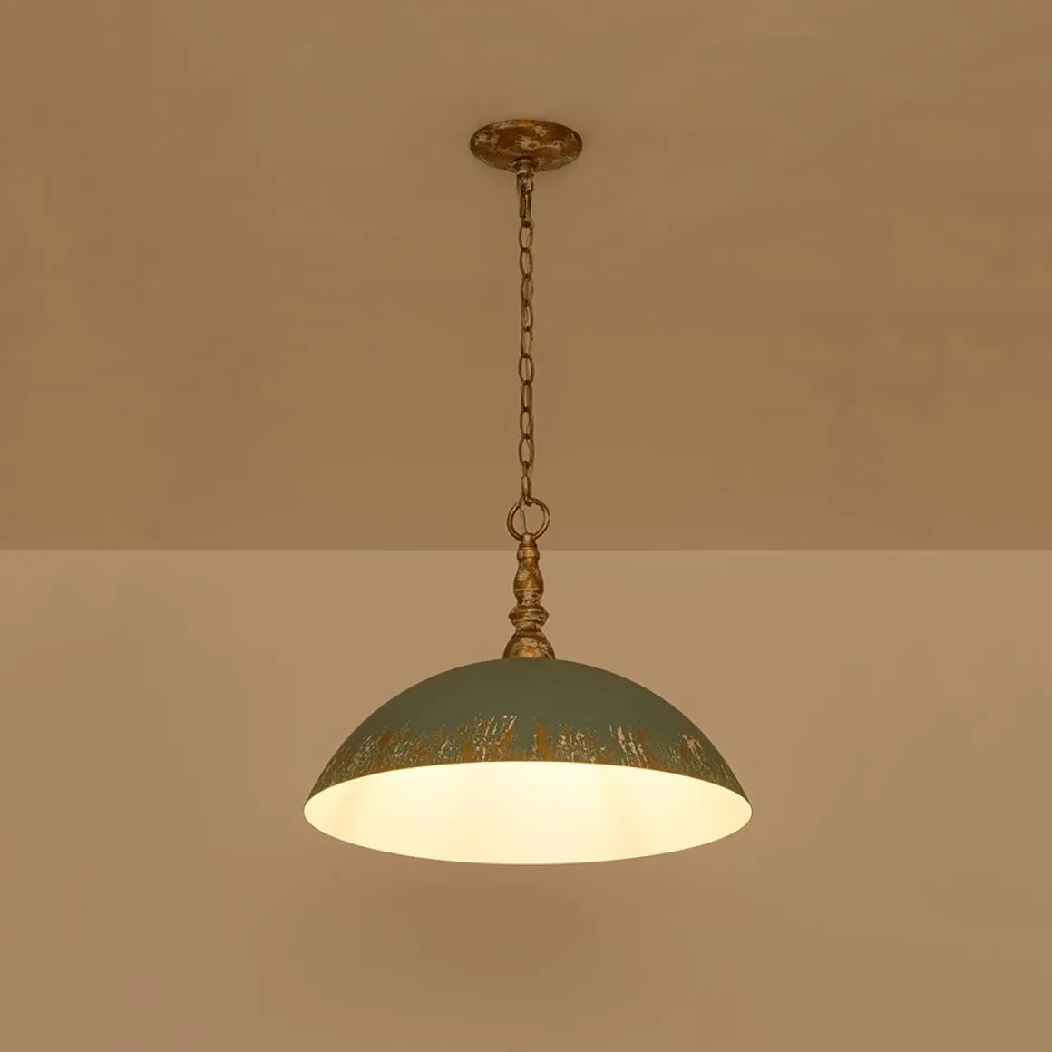 French Country Distressed Teal Gold Flat Dome Metal Pendant