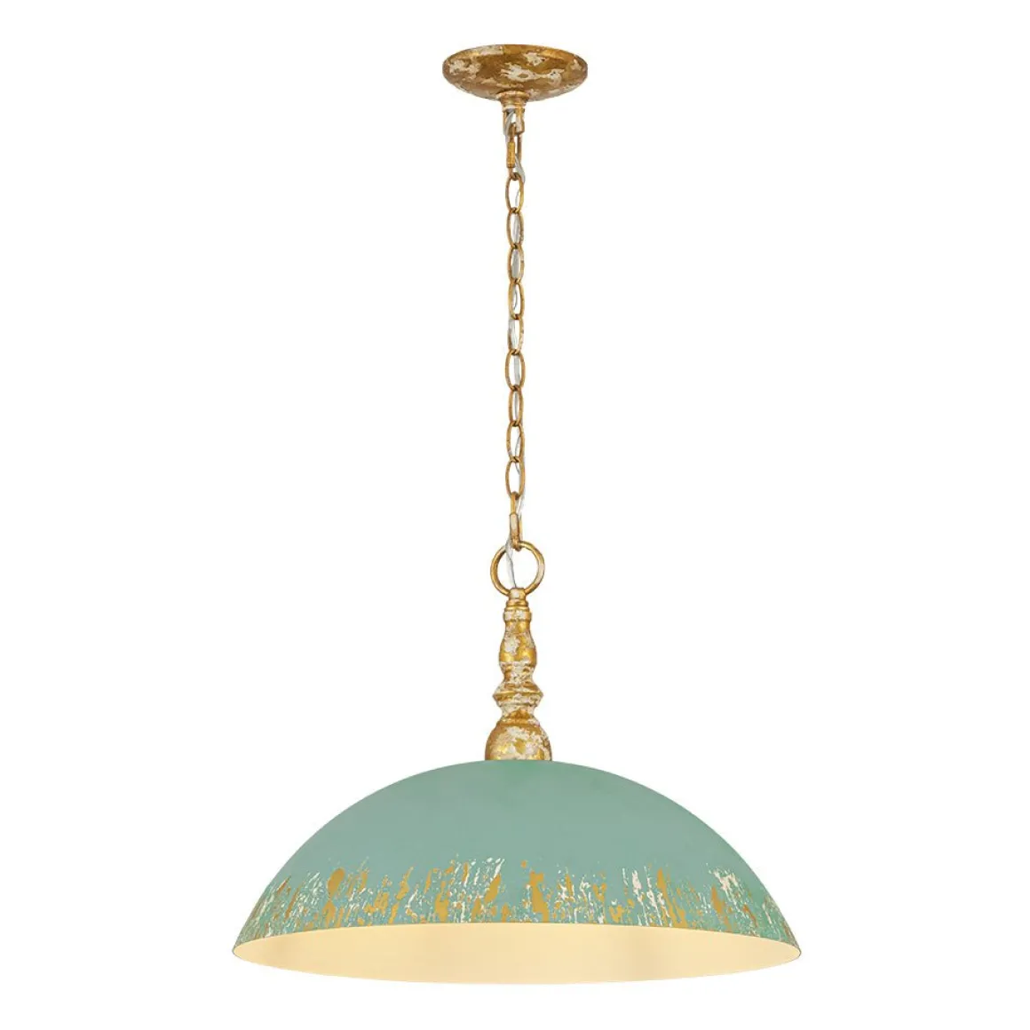 French Country Distressed Teal Gold Flat Dome Metal Pendant