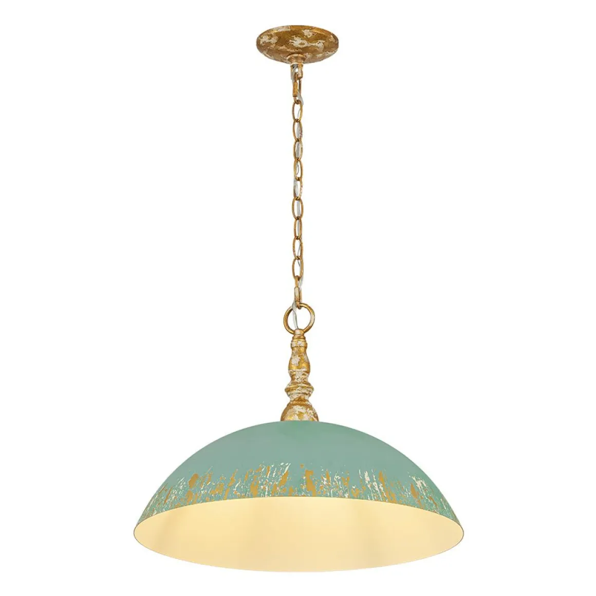 French Country Distressed Teal Gold Flat Dome Metal Pendant