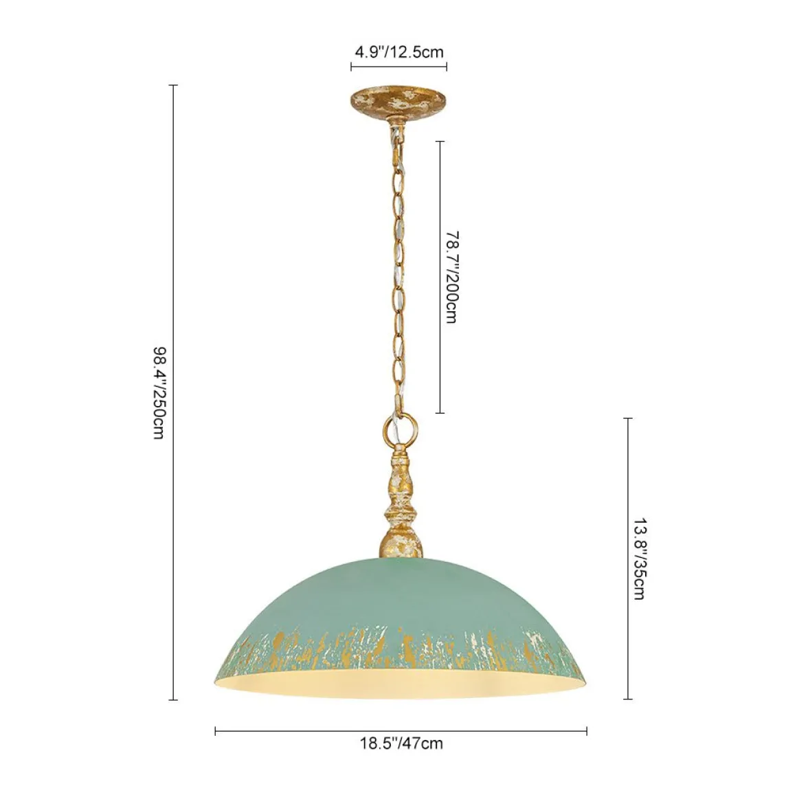 French Country Distressed Teal Gold Flat Dome Metal Pendant