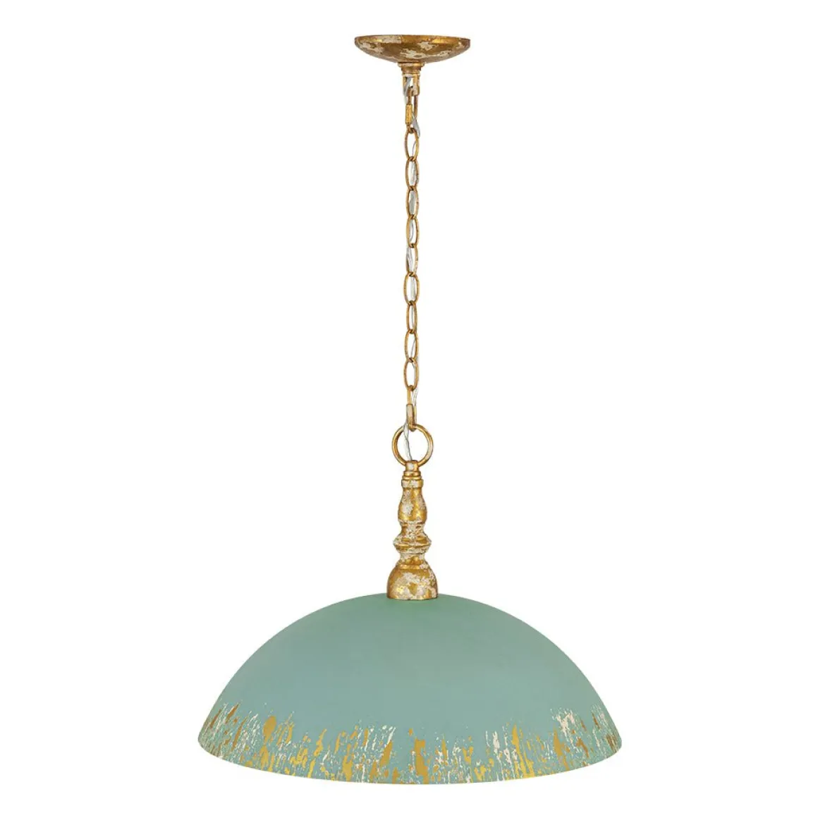 French Country Distressed Teal Gold Flat Dome Metal Pendant