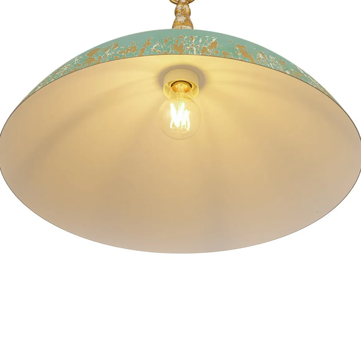French Country Distressed Teal Gold Flat Dome Metal Pendant