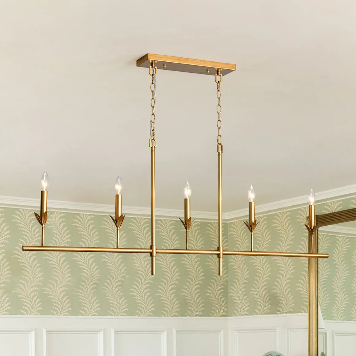 French Country 5-Light Fabric Shade Candle Linear Island Chandelier