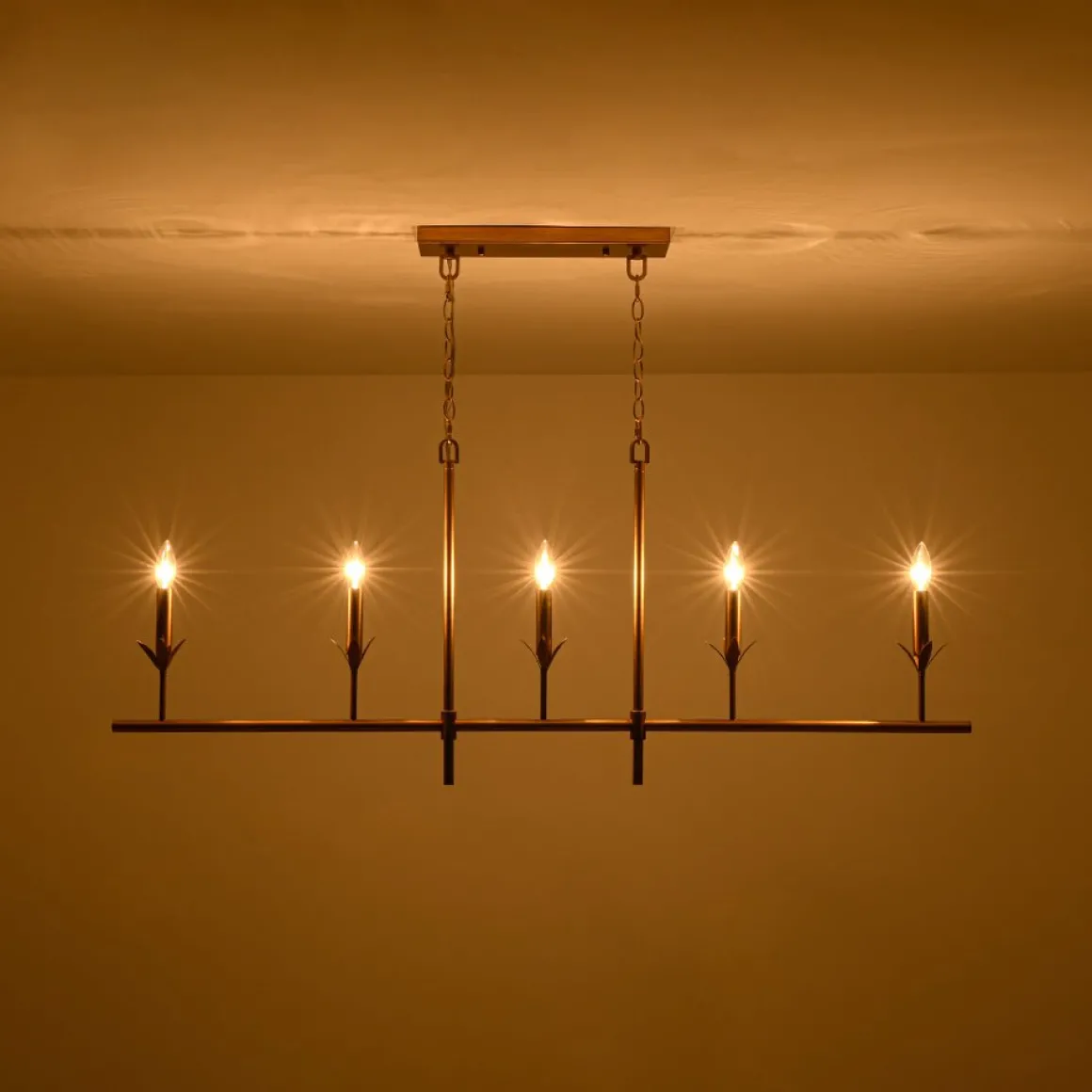 French Country 5-Light Fabric Shade Candle Linear Island Chandelier