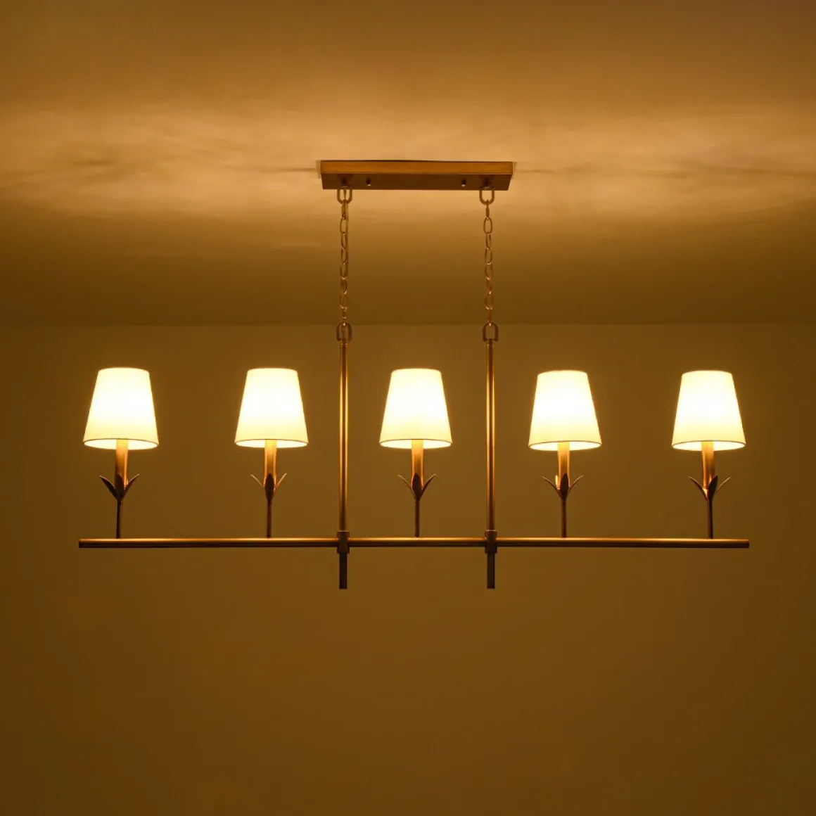 French Country 5-Light Fabric Shade Candle Linear Island Chandelier