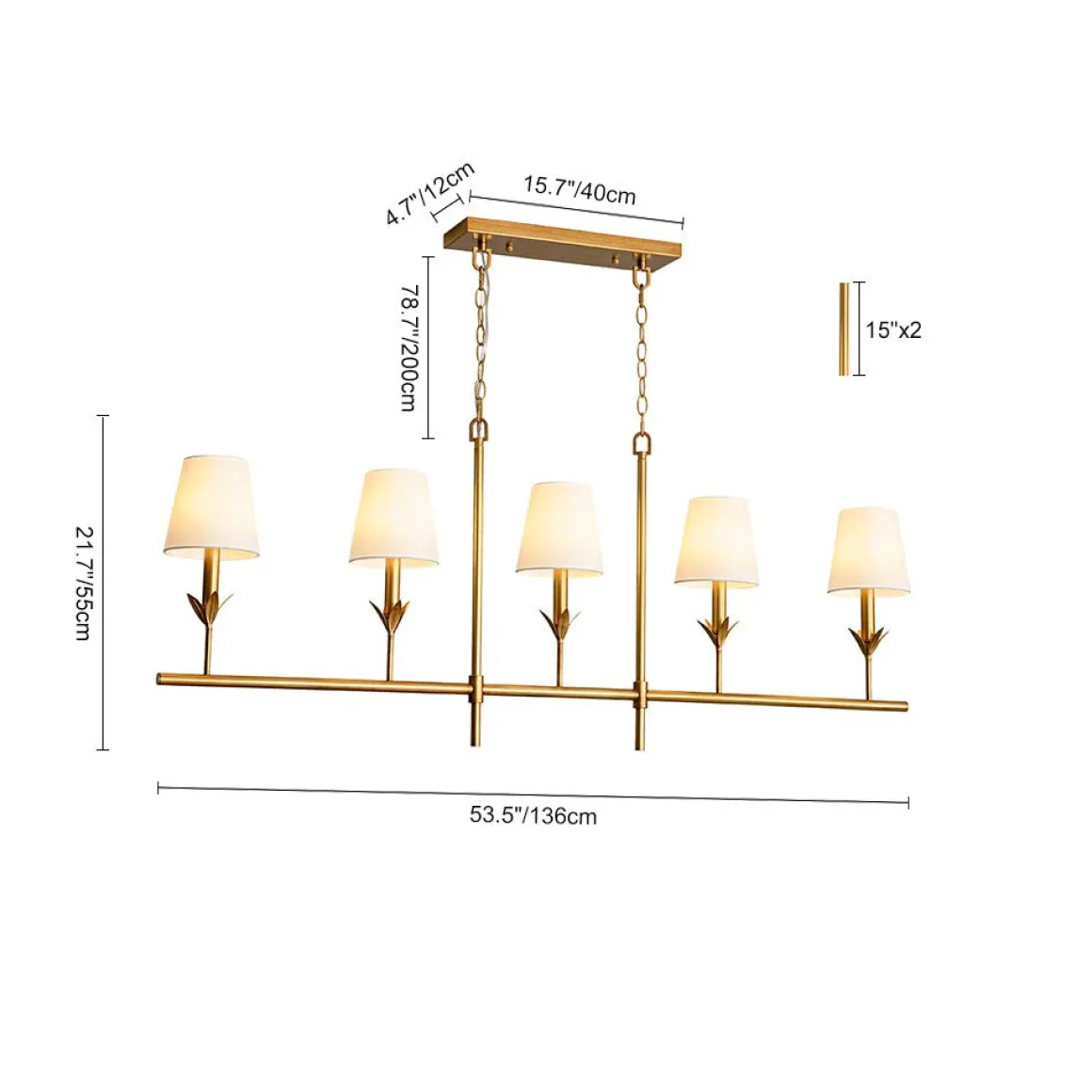French Country 5-Light Fabric Shade Candle Linear Island Chandelier
