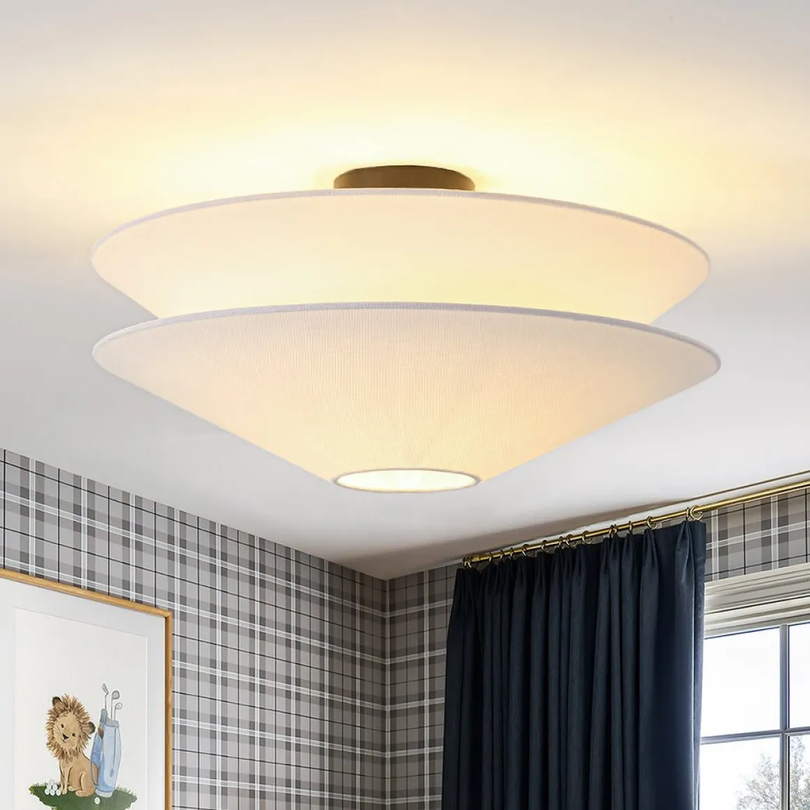 French Country 2-Tier White Linen Conical Semi Flush Mount