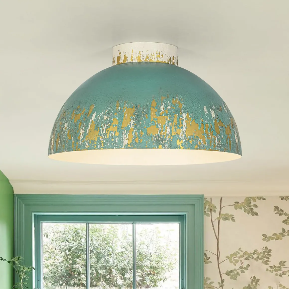 French Country Weathered Gilded Patina Teal Dome Flush Mount