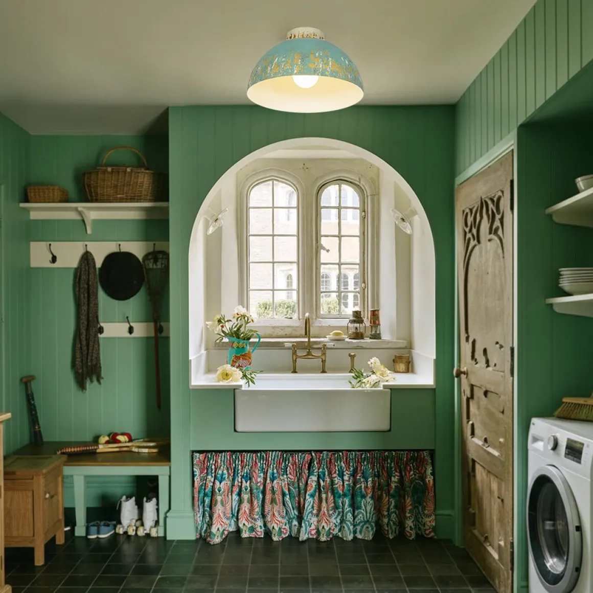 French Country Weathered Gilded Patina Teal Dome Flush Mount