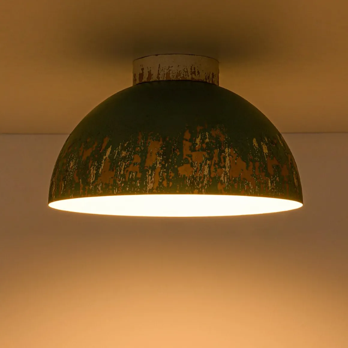 French Country Weathered Gilded Patina Teal Dome Flush Mount