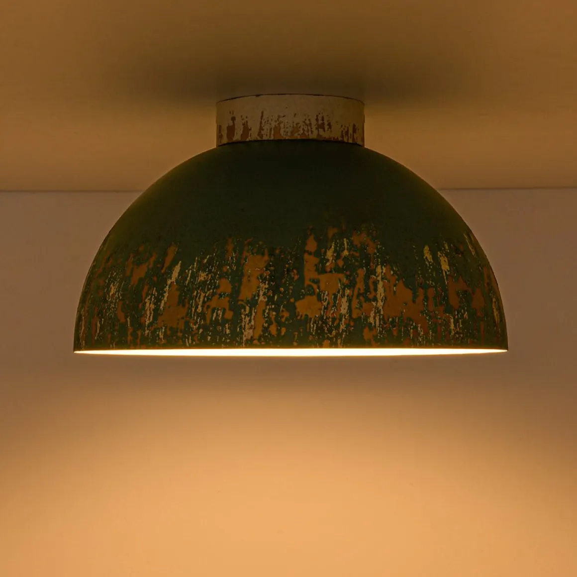 French Country Weathered Gilded Patina Teal Dome Flush Mount