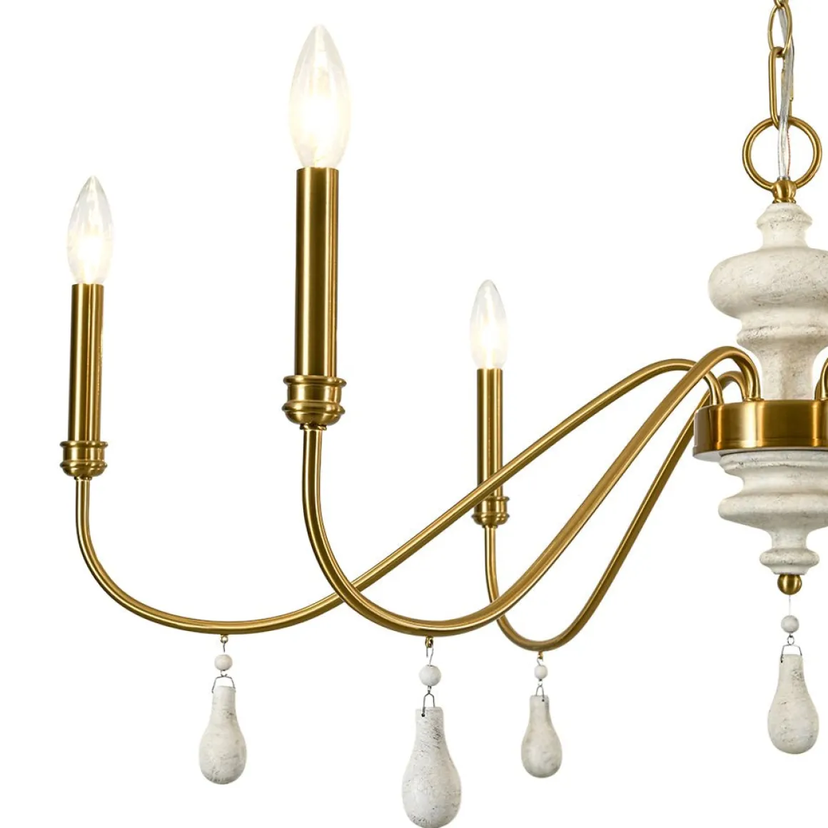French Country White Wood Brass Iron Candle Chandelier