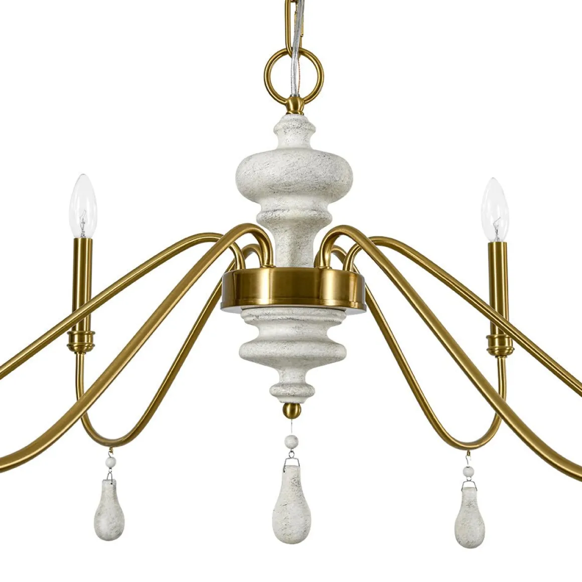 French Country White Wood Brass Iron Candle Chandelier