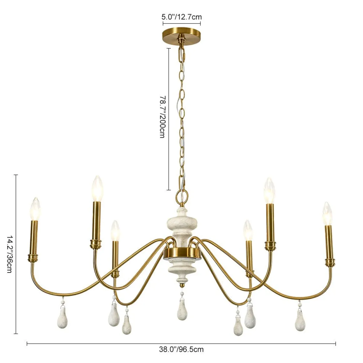 French Country White Wood Brass Iron Candle Chandelier