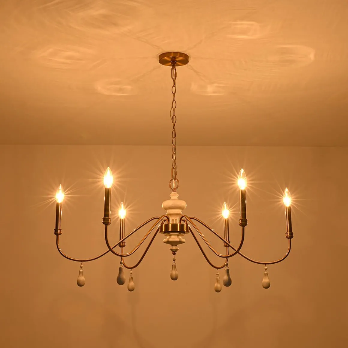 French Country White Wood Brass Iron Candle Chandelier