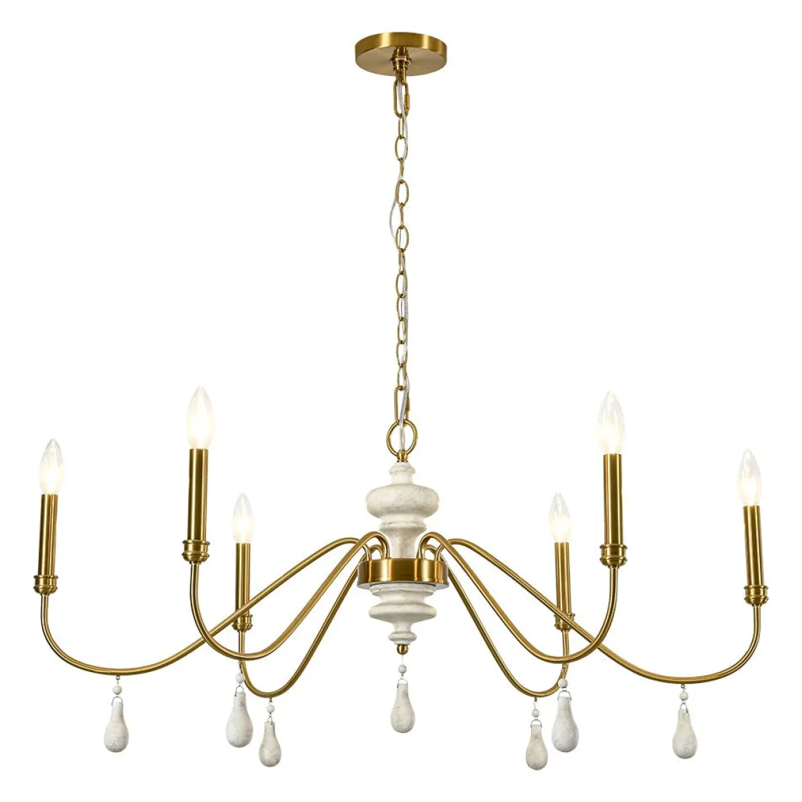 French Country White Wood Brass Iron Candle Chandelier
