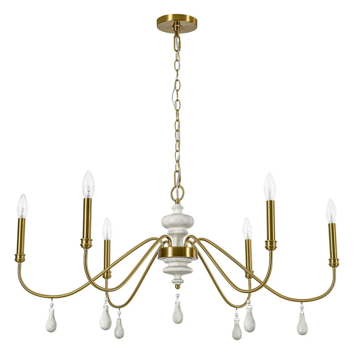 French Country White Wood Brass Iron Candle Chandelier