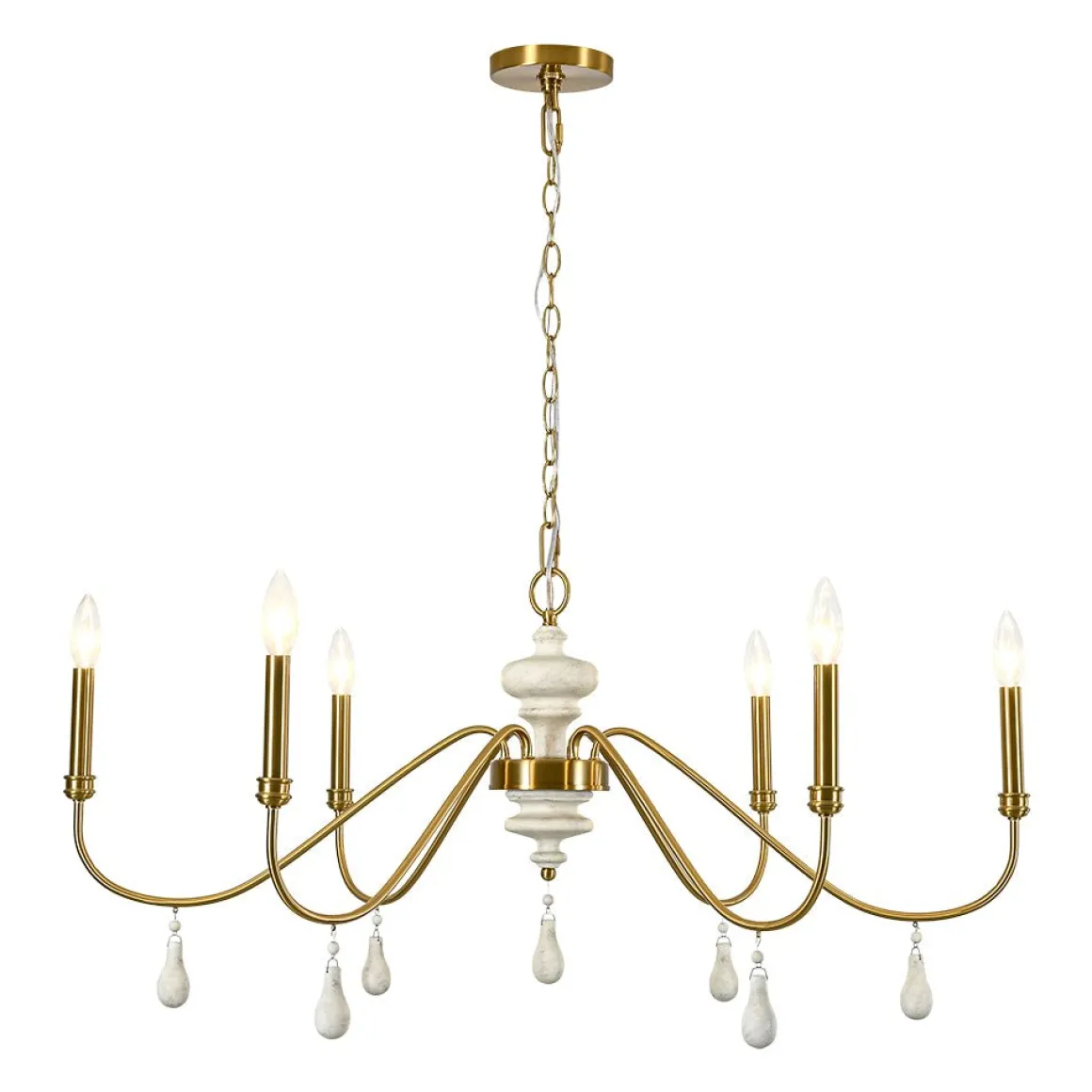 French Country White Wood Brass Iron Candle Chandelier