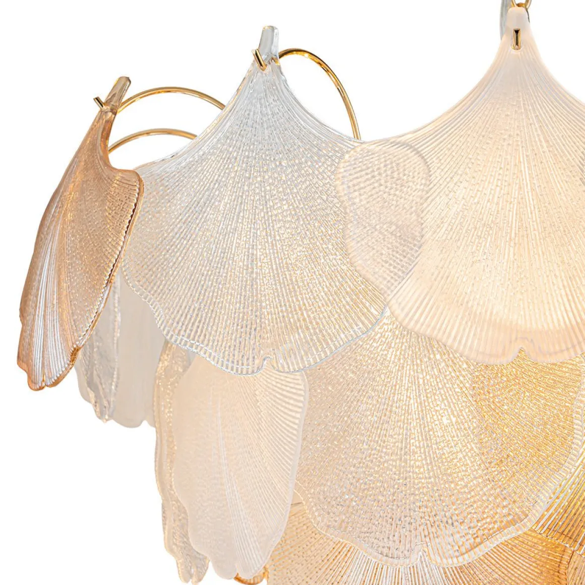French Gold Layered Ginkgo Leaf Textured Glass Chandelier