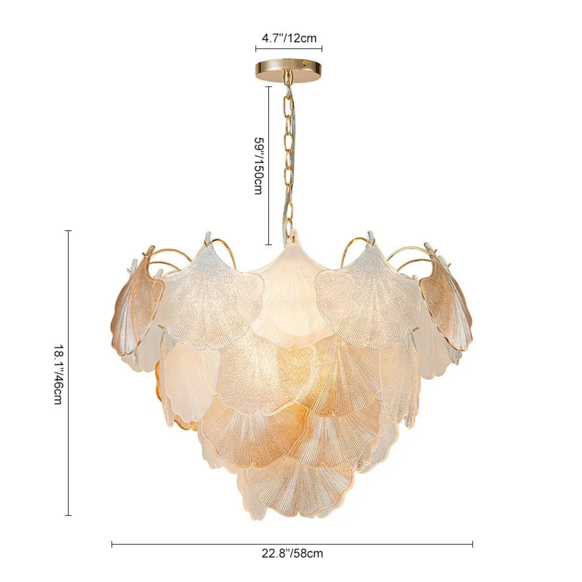 French Gold Layered Ginkgo Leaf Textured Glass Chandelier