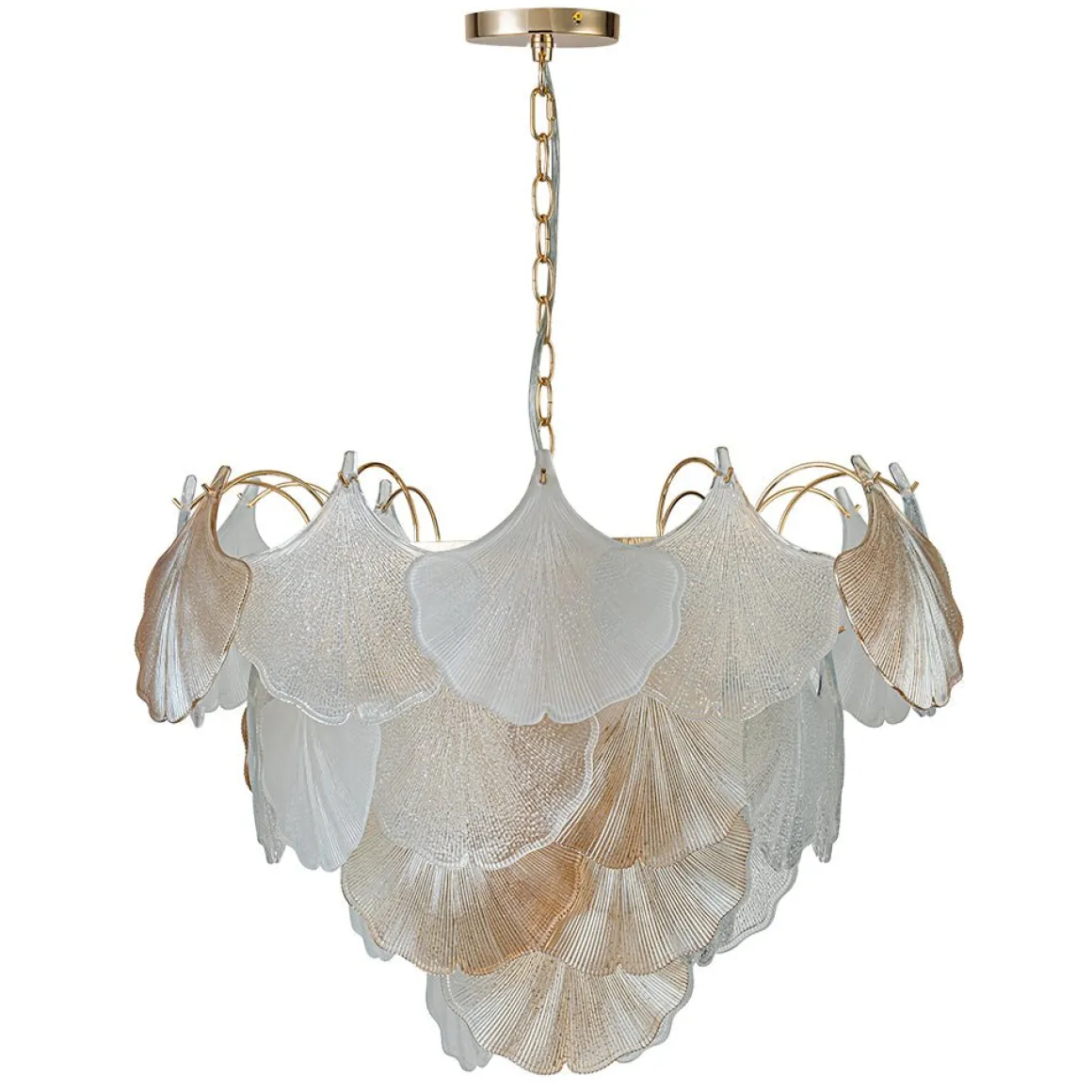 French Gold Layered Ginkgo Leaf Textured Glass Chandelier