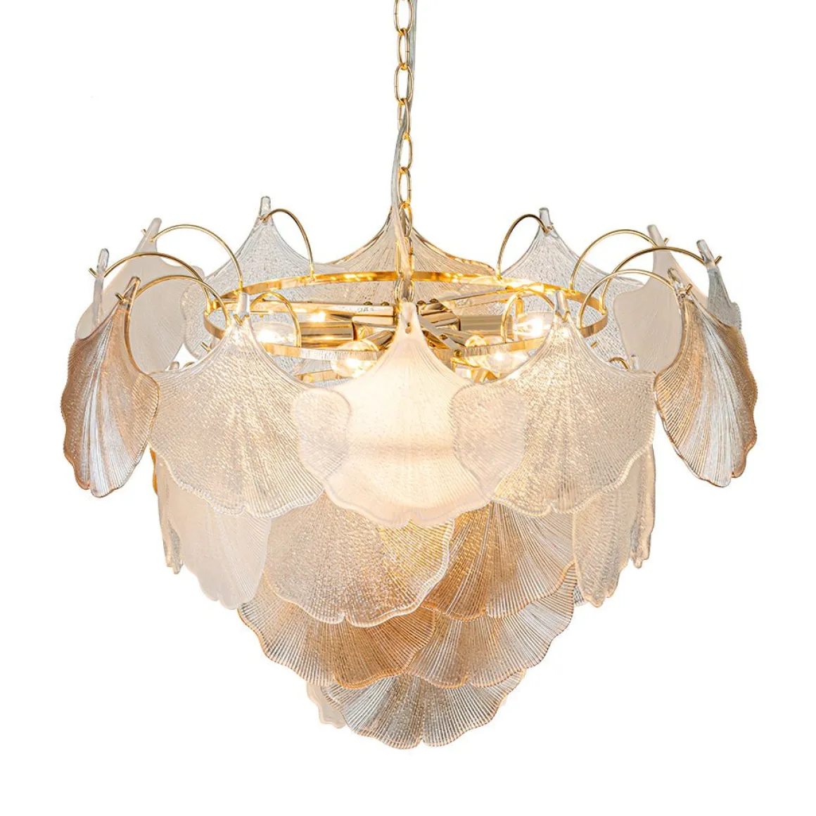 French Gold Layered Ginkgo Leaf Textured Glass Chandelier