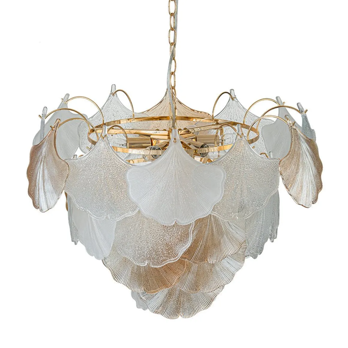 French Gold Layered Ginkgo Leaf Textured Glass Chandelier
