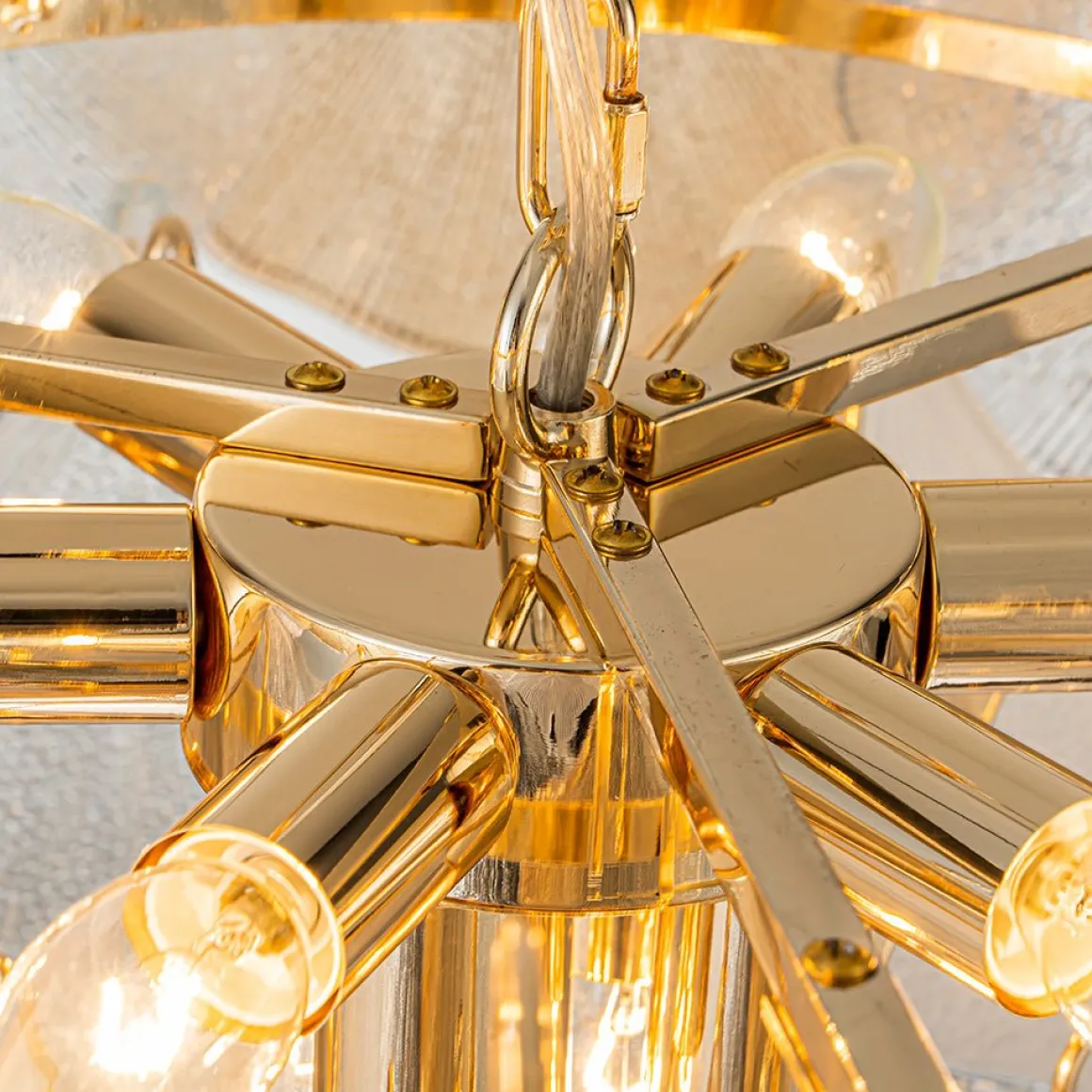 French Gold Layered Ginkgo Leaf Textured Glass Chandelier