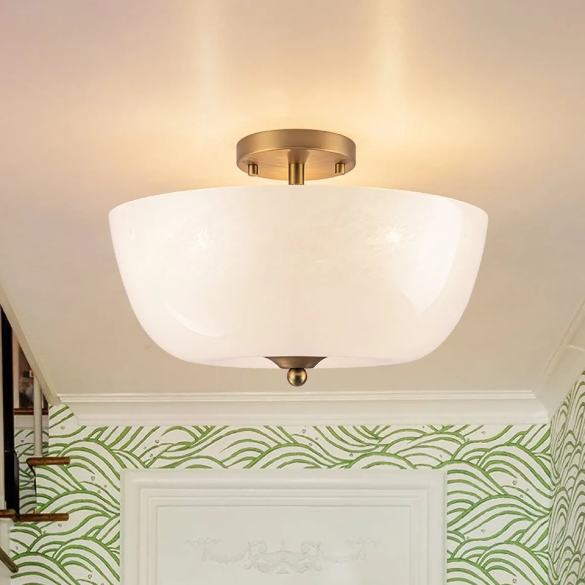 French 3-Light White Clouded Glass Round Semi Flush Mount