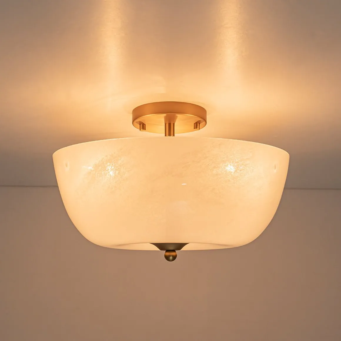 French 3-Light White Clouded Glass Round Semi Flush Mount